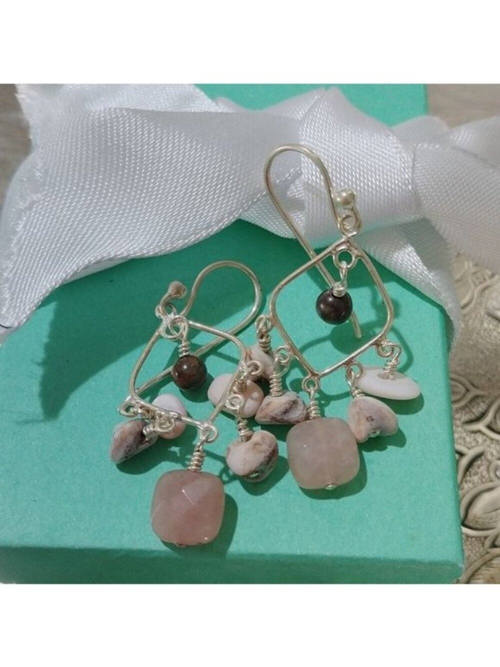 Artisan Sterling Silver+ Rose Quartz Chandelier Earrings on Long French Hooks - Picture 4 of 4